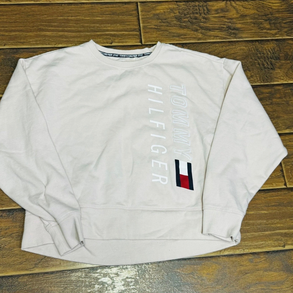 Tommy Hilfiger Sport Womens Pink Terry Ribbed Trim Sweatshirt M Big Logo